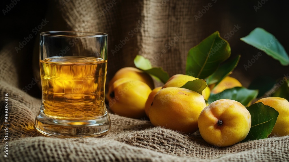 A close-up of a glass filled with quince liquor, with ripe quince fruits resting on a canvas backdrop, emphasizing the sweet and fruity flavors of the alcohol A close-up of a glass filled with quince liquor, with ripe quince fruits resting on a canvas backdrop, emphasizing the sweet and fruity flavors of the alcohol