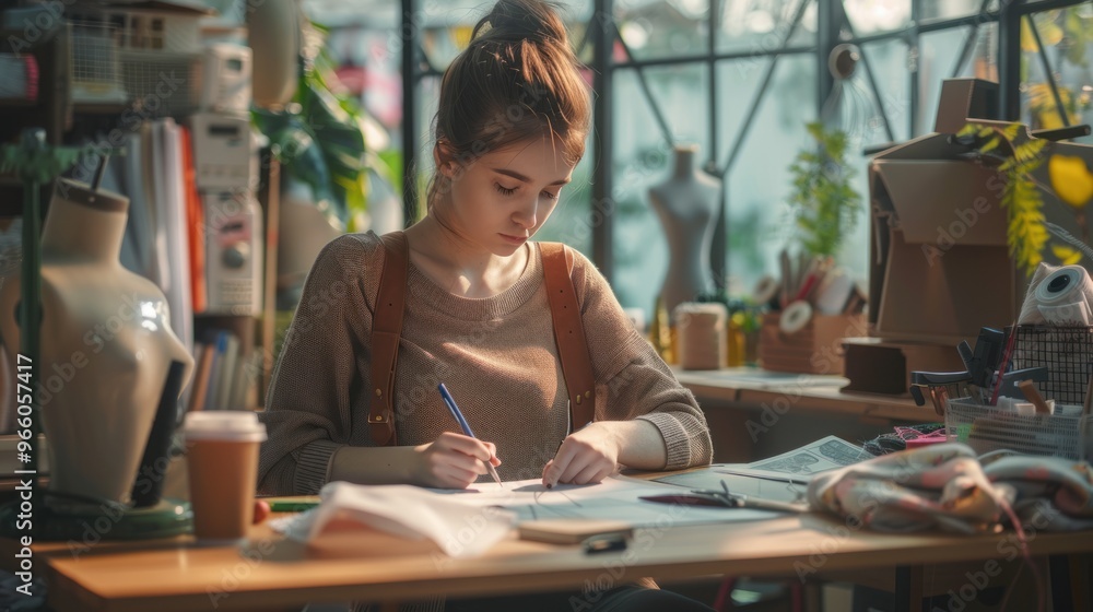A young female designer draws sketches of women's clothing at a table in a workshop with mannequins. and sewing work A young female designer draws sketches of women's clothing at a table in a workshop with mannequins. and sewing work