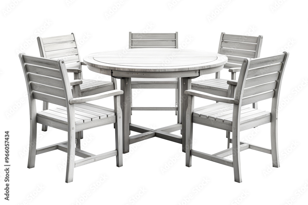Fototapeta premium Set of white wooden table and chairs isolated on transparent background, for dining outdoor in garden at home. 