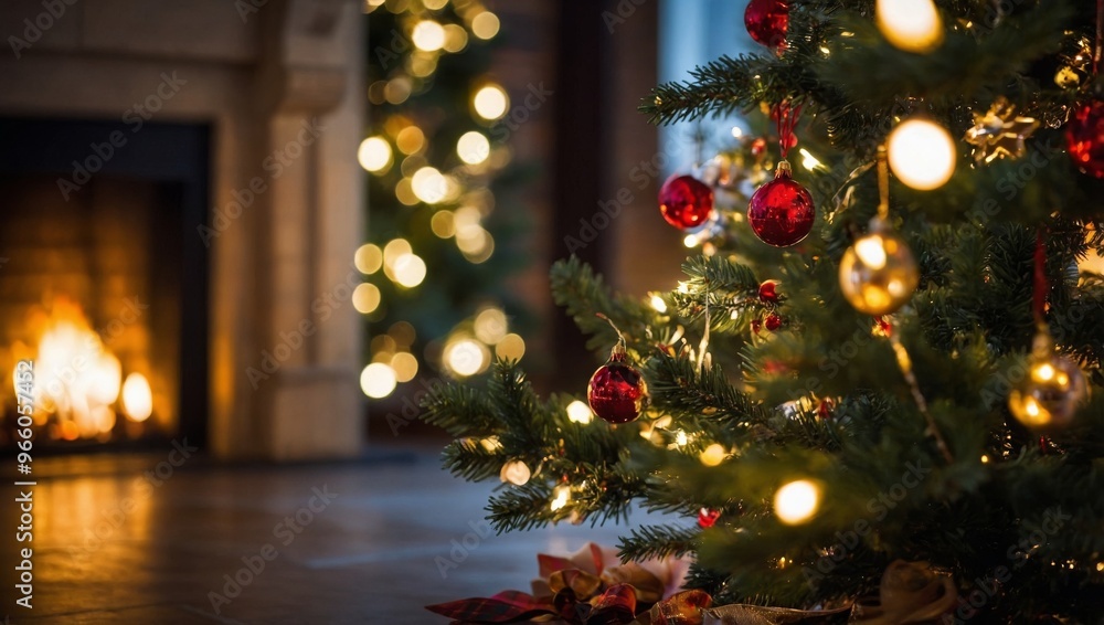 Christmas Tree with Decorations Near a Fireplace with Lights Christmas Tree with Decorations Near a Fireplace with Lights