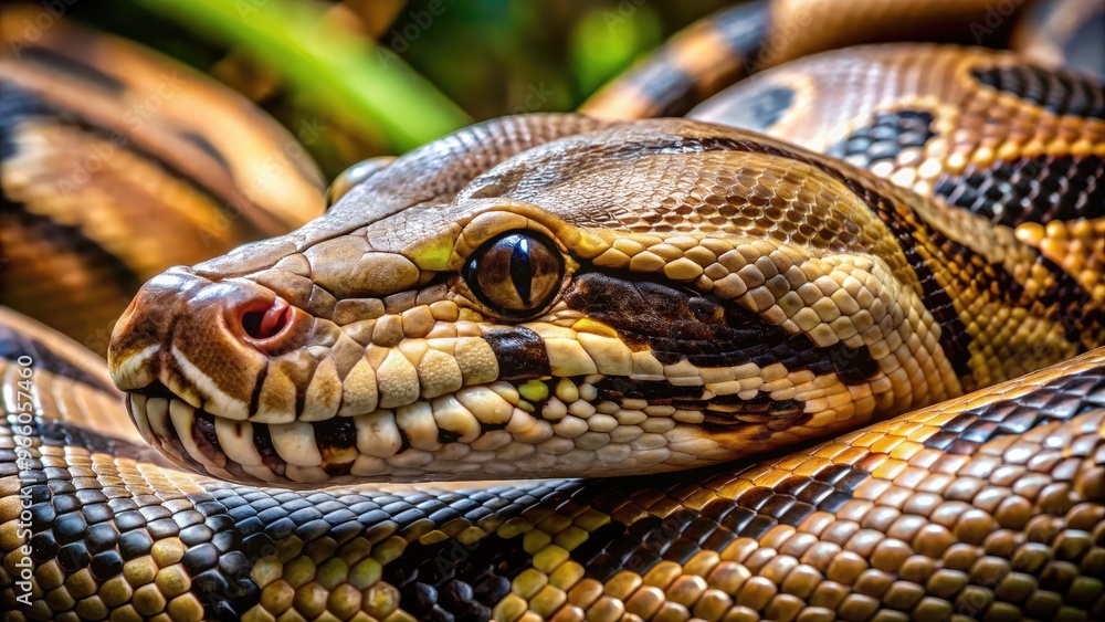 Obraz premium Close-Up Of A Large Boa Constrictor Coiled Tightly With A Menacing Gaze