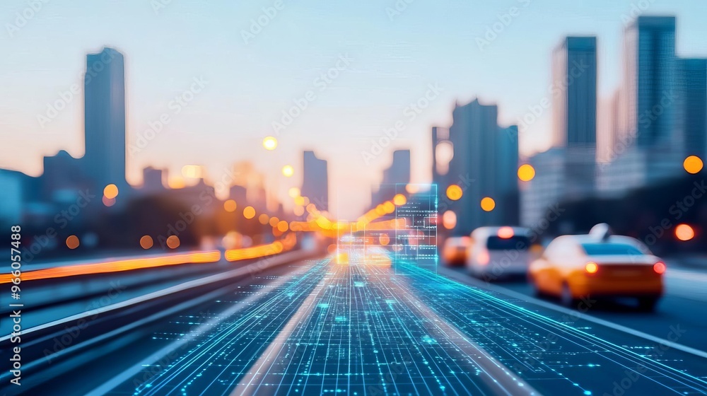 Obraz premium Electric urban commuter, digital smart city map, bustling streets, clear sky