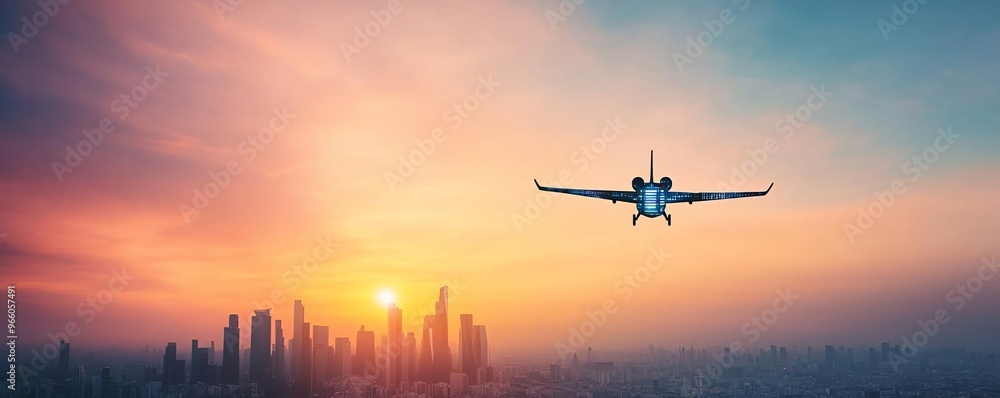 Electric urban aircraft, digital flight plan, high-rise buildings, dawn sky Electric urban aircraft, digital flight plan, high-rise buildings, dawn sky