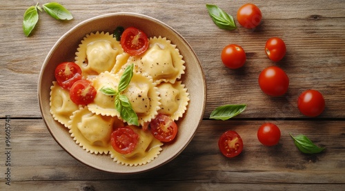Delicious ravioli with cherry tomatoes and basil on a rustic wooden table set...