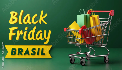 Black Friday. Flyer Black Friday Brasil. Black Friday com carrinho de compras. Black Friday com motivo Brasil. Black Friday para o Brasil. photo