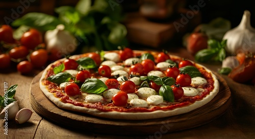 Delicious homemade pizza topped with fresh tomatoes and basil on a wooden table