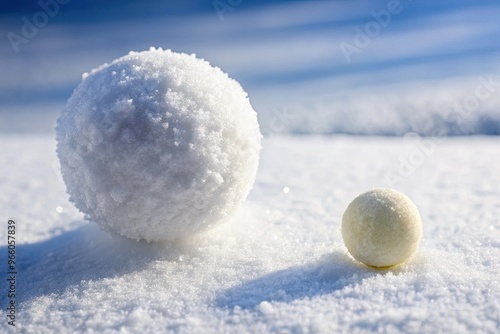 Close-Up Of A Round Snowball With A Small Rectangular Sample Next To It, Resting On A Snowy Surface