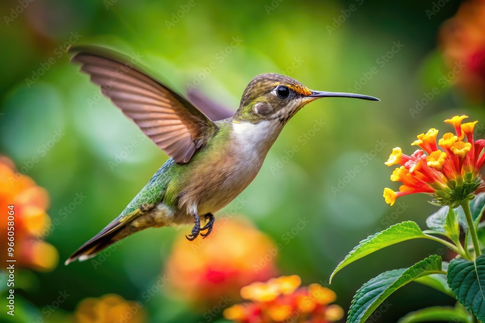 Close-Up Of A Tiny Hummingbird Hovering Near A Blooming Flower Amidst Lush Greenery Close-Up Of A Tiny Hummingbird Hovering Near A Blooming Flower Amidst Lush Greenery