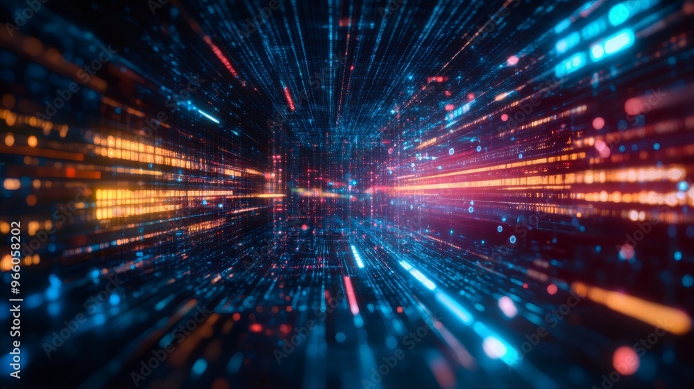 Abstract digital background with glowing lines and dots in blue, red, and orange colors. Abstract digital background with glowing lines and dots in blue, red, and orange colors.