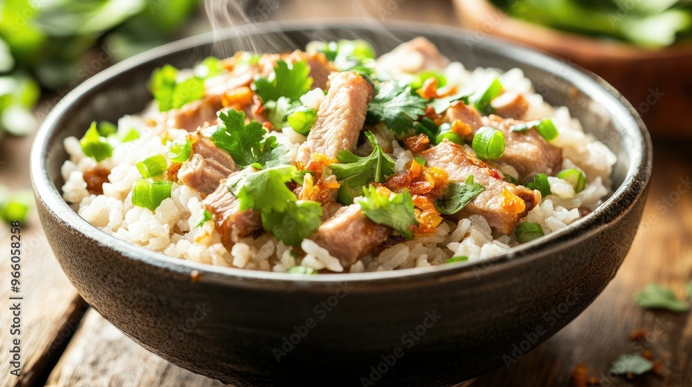 A close-up of a steaming bowl of homemade boiled rice with tender pork slices, garnished with fresh green onions, fried garlic, and cilantro, served on a rustic wooden table A close-up of a steaming bowl of homemade boiled rice with tender pork slices, garnished with fresh green onions, fried garlic, and cilantro, served on a rustic wooden table
