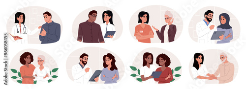 Nursing home. A doctor is talking to a patient. Vector flat illustration isolated on white background