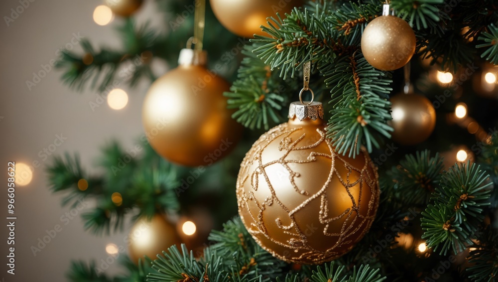 Close up view of beautiful fir branches with shiny golden bauble or ball, xmas ornaments and lights, Christmas holidays background. copy space. Decoration on Christmas tree Close up view of beautiful fir branches with shiny golden bauble or ball, xmas ornaments and lights, Christmas holidays background. copy space. Decoration on Christmas tree