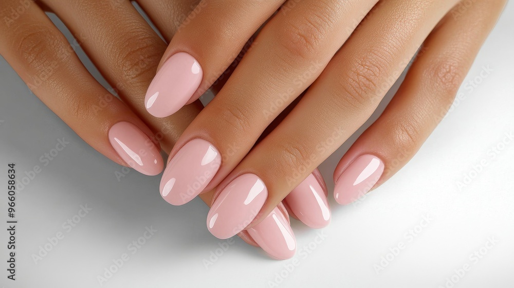 A close-up of light pink manicured nails on female hands, resting gently on a white background, creating a clean and sophisticated manicure look A close-up of light pink manicured nails on female hands, resting gently on a white background, creating a clean and sophisticated manicure look
