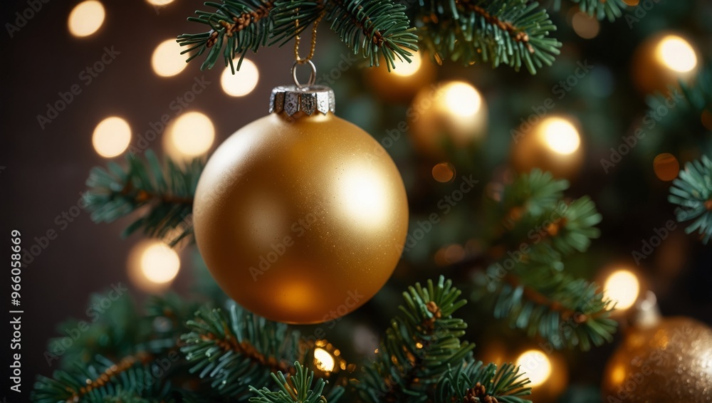 Close up view of beautiful fir branches with shiny golden bauble or ball, xmas ornaments and lights, Christmas holidays background. copy space. Decoration on Christmas tree Close up view of beautiful fir branches with shiny golden bauble or ball, xmas ornaments and lights, Christmas holidays background. copy space. Decoration on Christmas tree