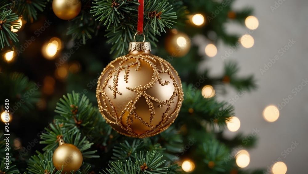 Close up view of beautiful fir branches with shiny golden bauble or ball, xmas ornaments and lights, Christmas holidays background. copy space. Decoration on Christmas tree Close up view of beautiful fir branches with shiny golden bauble or ball, xmas ornaments and lights, Christmas holidays background. copy space. Decoration on Christmas tree