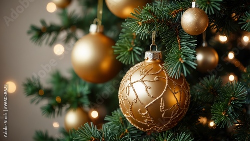 Close up view of beautiful fir branches with shiny golden bauble or ball, xmas ornaments and lights, Christmas holidays background. copy space. Decoration on Christmas tree