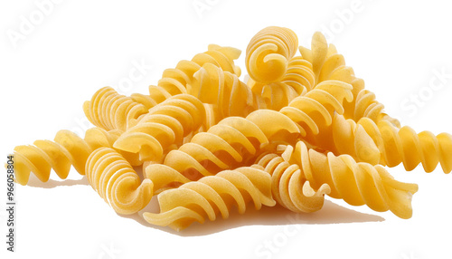 Falling raw Fusilli, Rotini, uncooked Italian Pasta, isolated on white background, full depth of field 