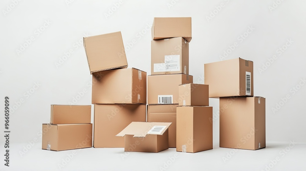 A collection of stacked cardboard boxes on a simple white background, some with fragile markings, highlighting logistics, safe shipping, and storage A collection of stacked cardboard boxes on a simple white background, some with fragile markings, highlighting logistics, safe shipping, and storage
