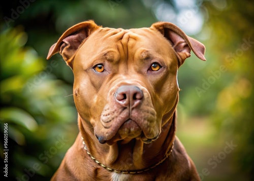 Close-Up Of Muscular Brown Pitbull Dog With A Determined And Attentive Expression