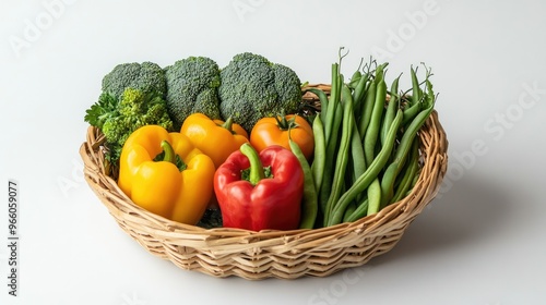 A collection of fresh vegetables including broccoli, bell peppers, tomatoes, and green beans, arranged in a basket on a white studio background