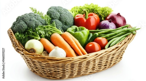 A colorful basket of fresh vegetables including broccoli, onions, green beans, and peppers, neatly arranged on a clean white background