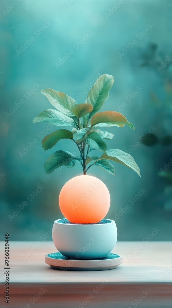 A vibrant plant with an orange sphere on a minimalistic pot, set against a calming teal background, perfect for modern decor. A vibrant plant with an orange sphere on a minimalistic pot, set against a calming teal background, perfect for modern decor.