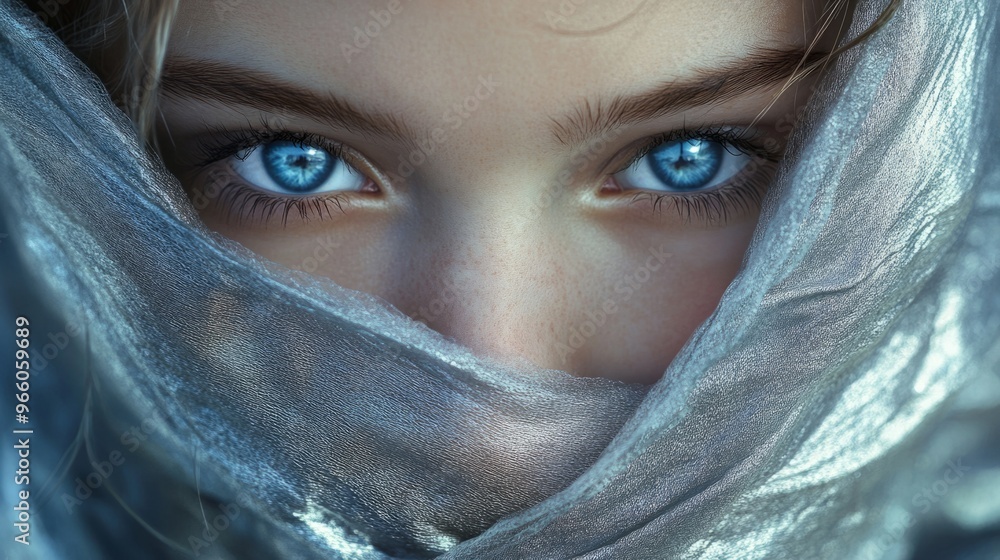 Closeup of the icy blue eyes of a girl with her face wrapped in a silver scarf generative ai Closeup of the icy blue eyes of a girl with her face wrapped in a silver scarf generative ai