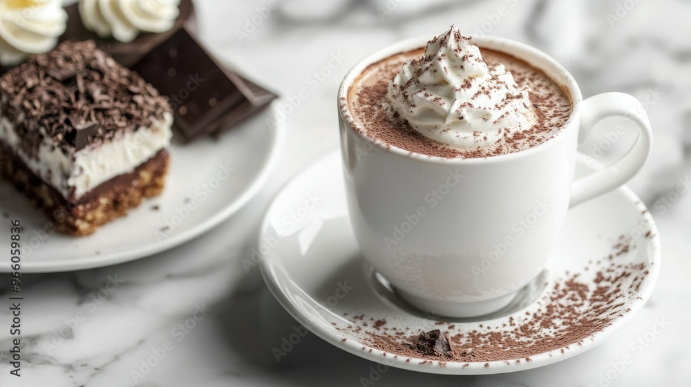 A cup of artisanal hot chocolate with whipped cream and a beautifully plated dessert, presented on a marble table, capturing the richness and indulgence A cup of artisanal hot chocolate with whipped cream and a beautifully plated dessert, presented on a marble table, capturing the richness and indulgence