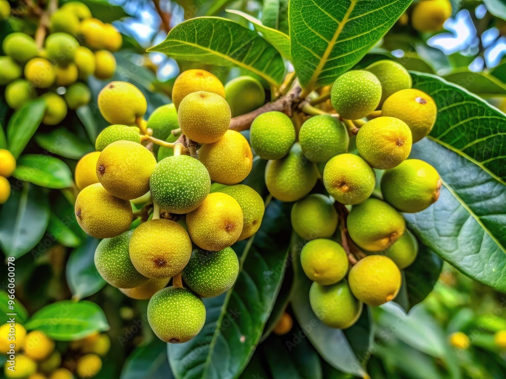 Close-Up Shot Of A Cluster Of Round, Green And Yellow Fruit Growing On A Tree Branch With Green Leaves In The Background. Close-Up Shot Of A Cluster Of Round, Green And Yellow Fruit Growing On A Tree Branch With Green Leaves In The Background.