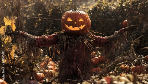 A Halloween-inspired scarecrow with a carved pumpkin head stands in a colorful autumn field photo