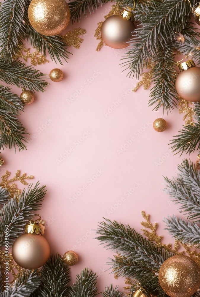Elegant holiday decorations with gold ornaments and pinecones on a soft pink background Elegant holiday decorations with gold ornaments and pinecones on a soft pink background