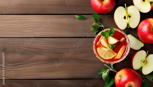 Chic Apple Martini with Fresh Slice on Rustic Wooden Background for Trendy Summer Drink Promotion photo