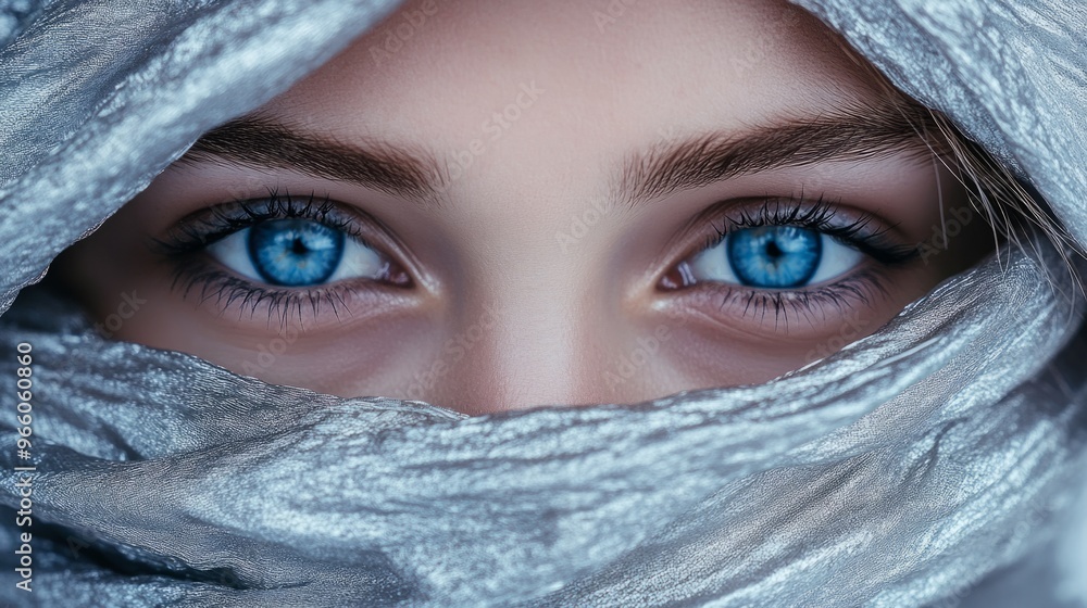 Closeup of the icy blue eyes of a girl with her face wrapped in a silver scarf generative ai