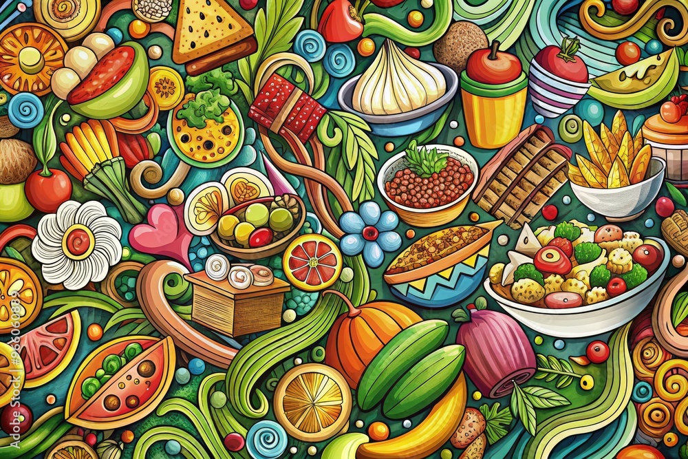 Naklejka premium Colorful And Intricate Line Drawings Of Various Food Items Suitable For Coloring, Promoting Creativity And Relaxation