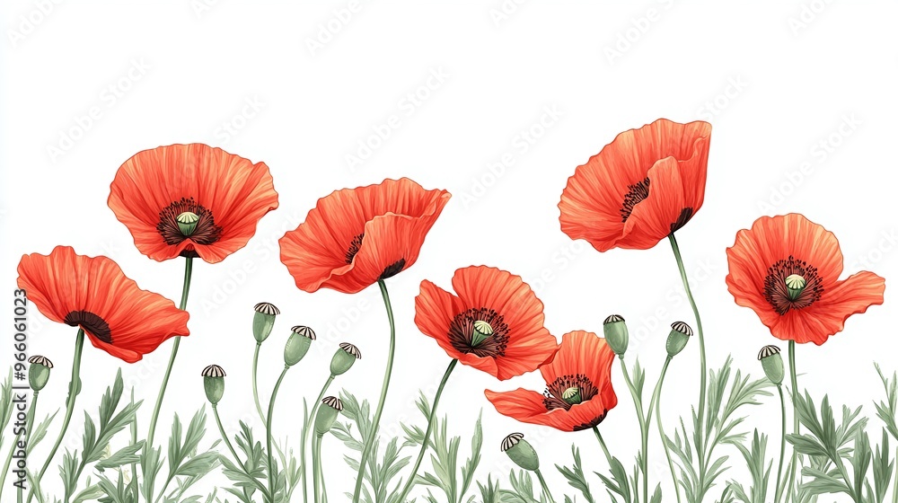 Obraz premium detailed hand-drawn red poppy flowers on white background, stunning floral illustration perfect for botanical art and nature-inspired designs