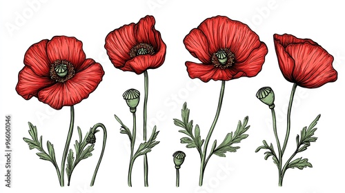 red poppy flowers hand-drawn on white background, artistic floral illustration perfect for botanical art and elegant stationery design