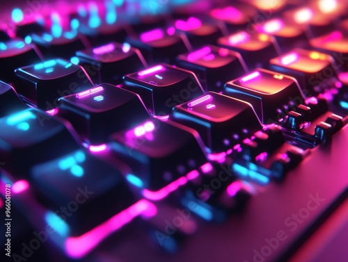 Close-up of a colorful gaming keyboard featuring illuminated keys in a dark room