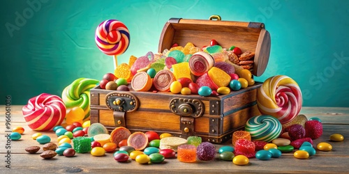 Colorful assortment of sweets and treats, including gummies, lollipops, and chocolates, overflowing from a treasure chest on a pastel-colored background. photo