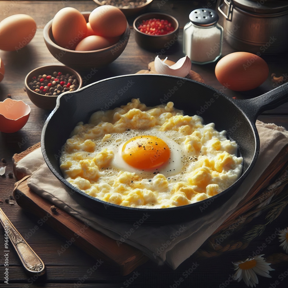 In a Frying Pan Scrambled eggs in a frying pan with a slightly b In a Frying Pan Scrambled eggs in a frying pan with a slightly b