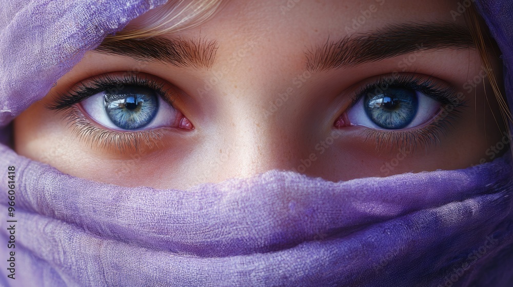 Closeup of the light blue eyes of a girl with her face wrapped in a lavender scarf generative ai Closeup of the light blue eyes of a girl with her face wrapped in a lavender scarf generative ai