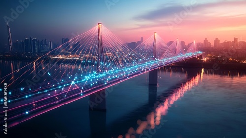 Smart bridge monitoring, digital safety sensors, futuristic river crossing, cityscape