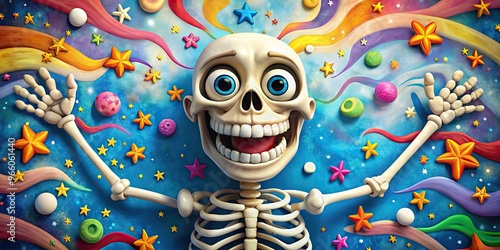 Colorful cartoon skeleton character grinning with wide eyes, surrounded by scattered bones, against a bright blue background with whimsical swirling clouds and stars.