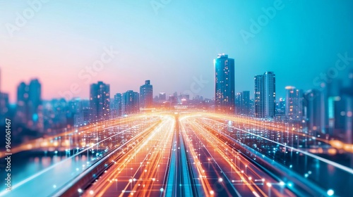 Smart bridge monitoring, digital safety sensors, futuristic river crossing, cityscape