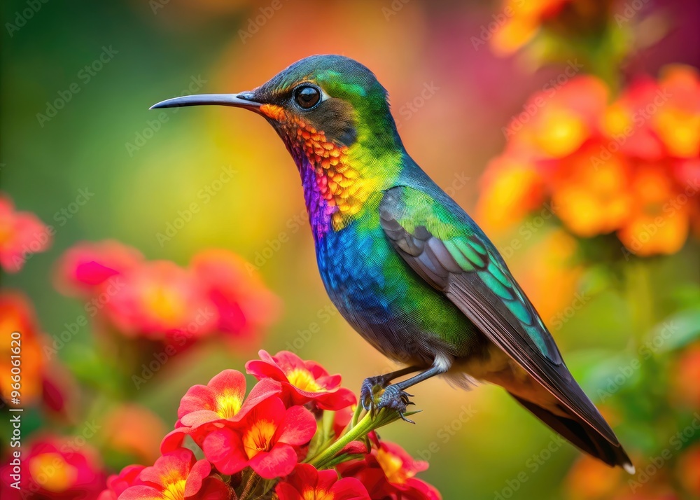 Obraz premium Colorful Hummingbird Perched On A Vibrant Flower, Capturing The Beauty Of Nature In A Vibrant And Dynamic Image.