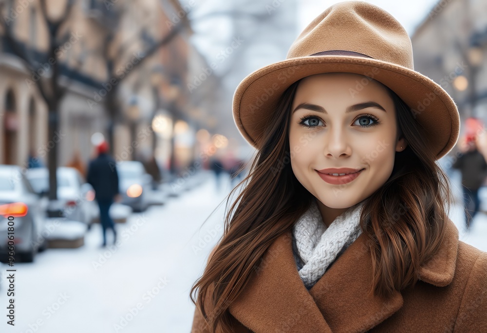 Young Woman in Brown Hat and Coat Smiling in City Street Young Woman in Brown Hat and Coat Smiling in City Street