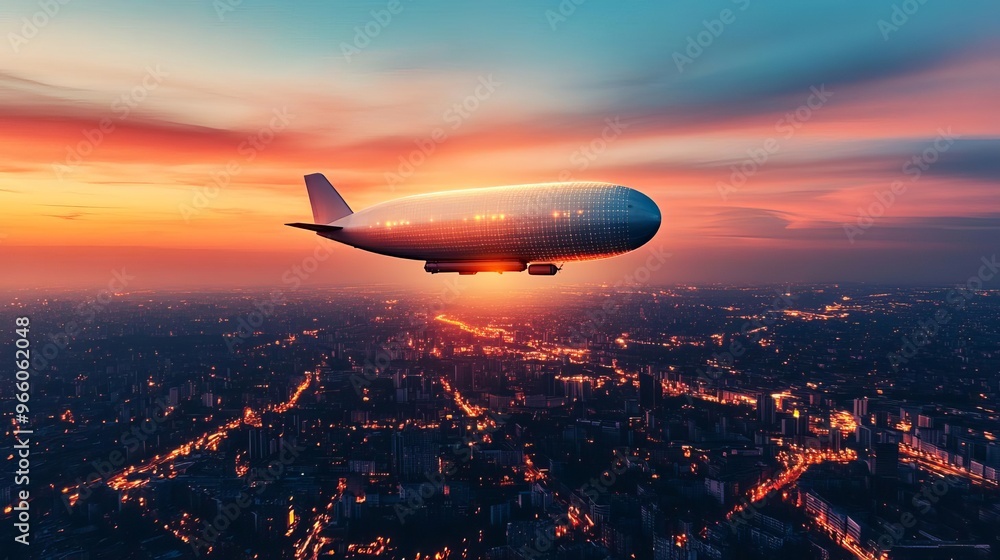 Fototapeta premium Smart logistics airship, digital cargo paths, urban view from above, dusk skies