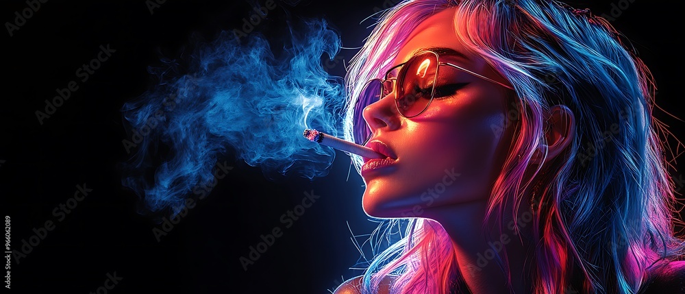 A woman with pink hair and sunglasses smokes a cigarette while blue smoke curls around her. A woman with pink hair and sunglasses smokes a cigarette while blue smoke curls around her.