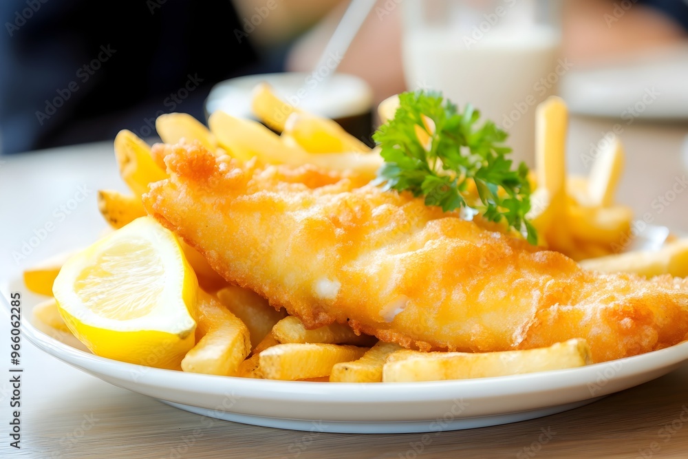 Crispy Golden Fish and Chunky Fries on a Plate a Classic British Pub Meal Crispy Golden Fish and Chunky Fries on a Plate a Classic British Pub Meal