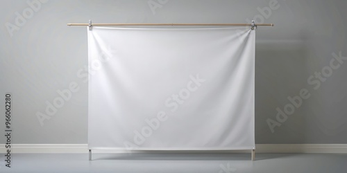 A large white mockup banner with a subtle texture, measuring 200cm x 200cm, hangs from a rod against photo