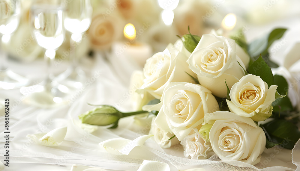 Wedding bouquet of white roses on a white background with soft focus and copy space. Banner for website header design with copy space Wedding bouquet of white roses on a white background with soft focus and copy space. Banner for website header design with copy space